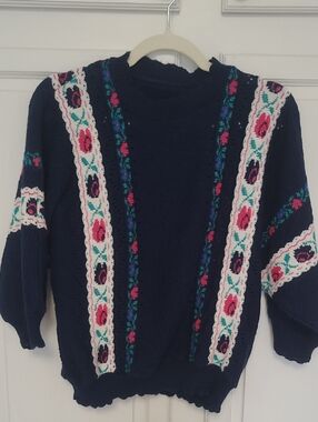 Grandma Chic Navy Floral Knit Women's Sweater